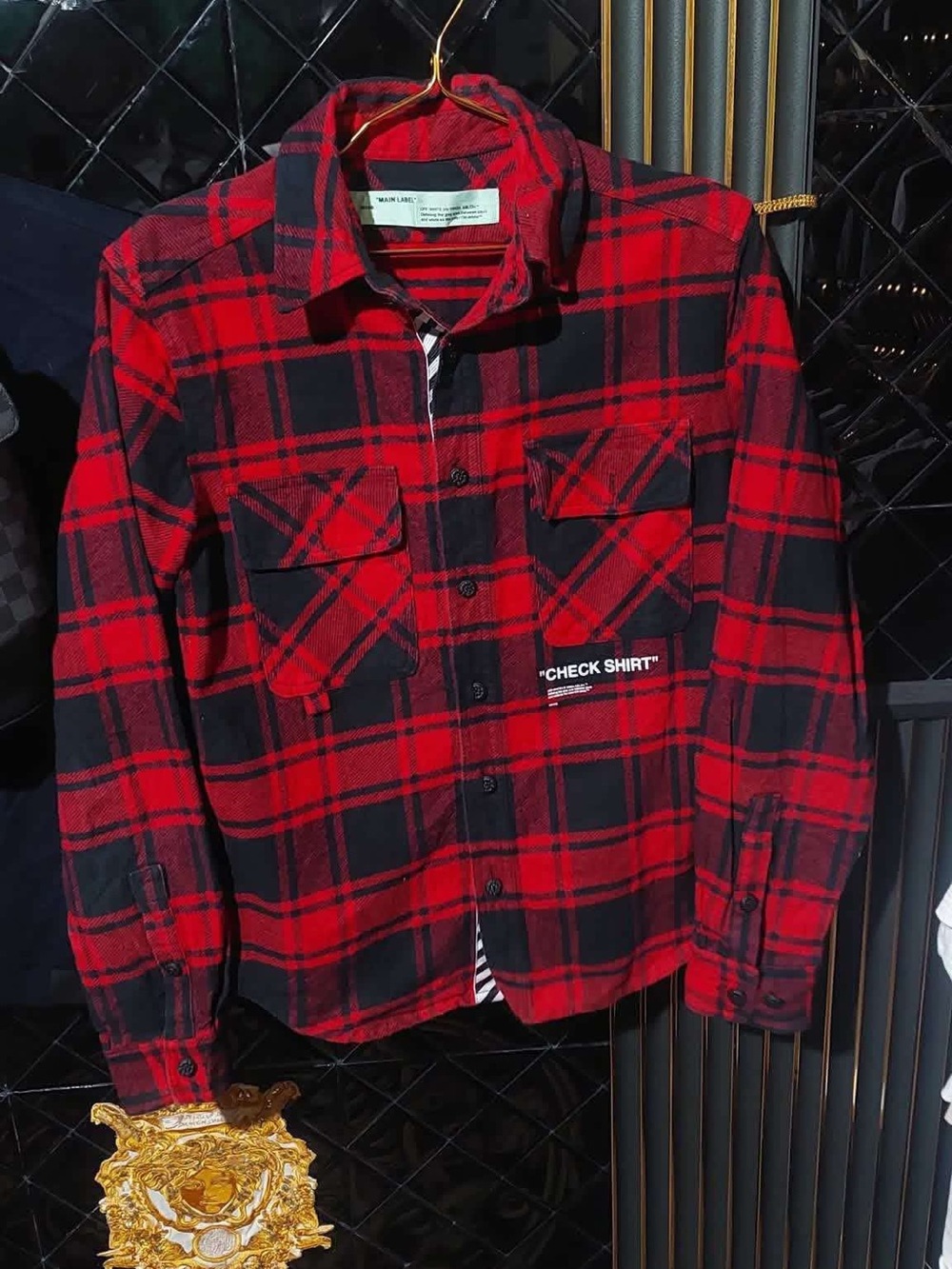 Authentic Off-White Red and Black Plaid 'Check button.. Unisex can fit small-med